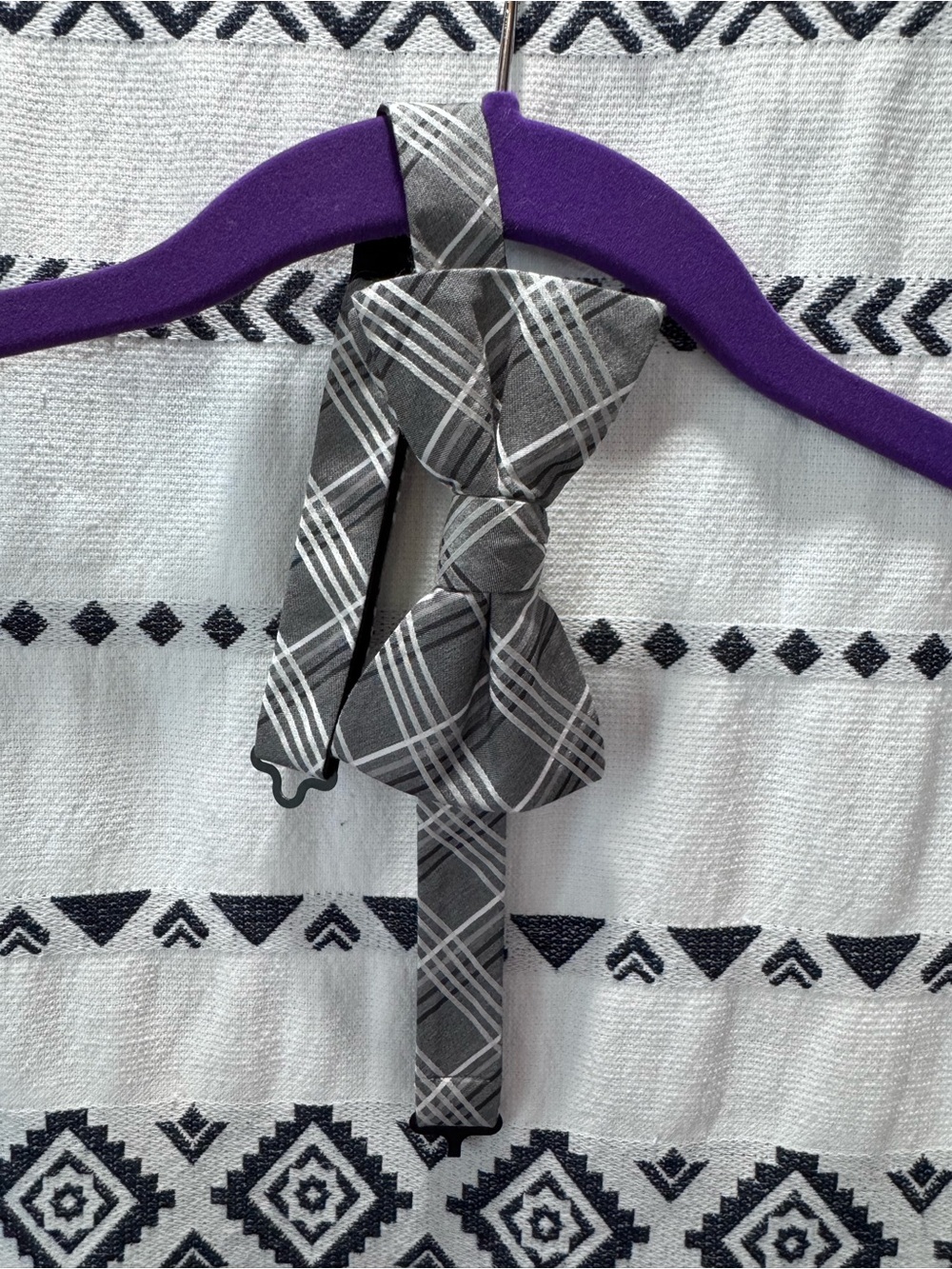 Express brand clip on bow tie in sleek gray and white plaid pattern formalwear